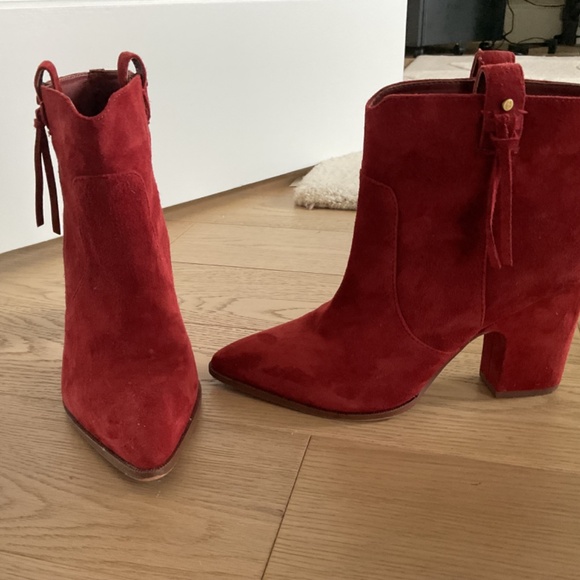 Red suede  above ankle boots. - Picture 3 of 5